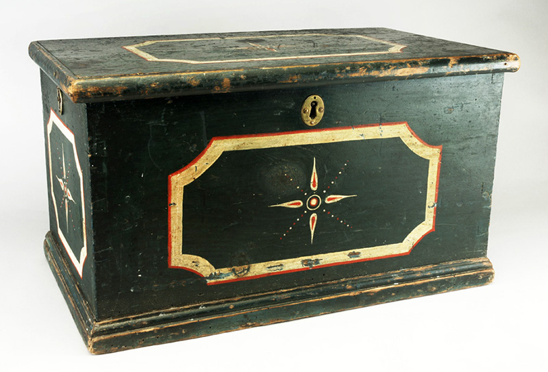 Antique Paint Decorated Trunk, Three Iron Locks, Handwrought Strap Hinges 
Unknown Maker, Early 19th Century, entire view